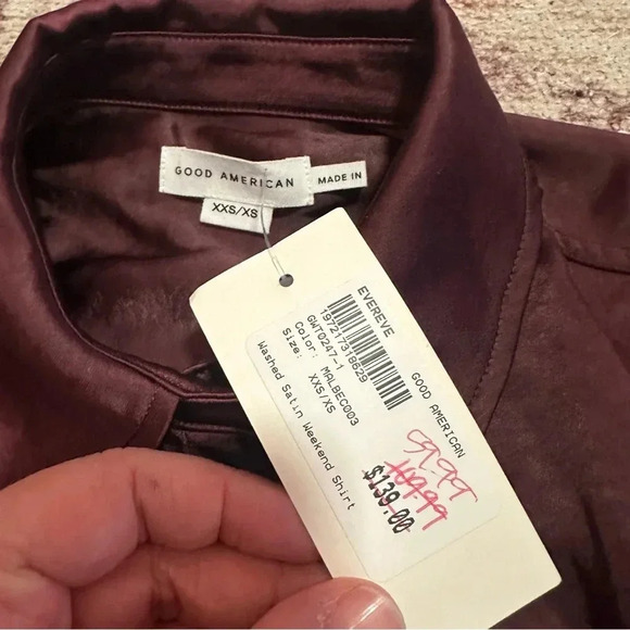 NWT Good American Washed Satin Weekend Shirt Malbec003 Size XXS/XS - Picture 9 of 16